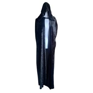 Crushed Velvet Hooded Black Cloak Cape‎ Full Length Gothic Costume Ren Whimsical